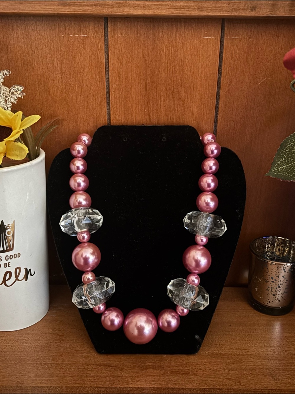 Pink Pearl Statement Necklace with Clear Crystal Beads
